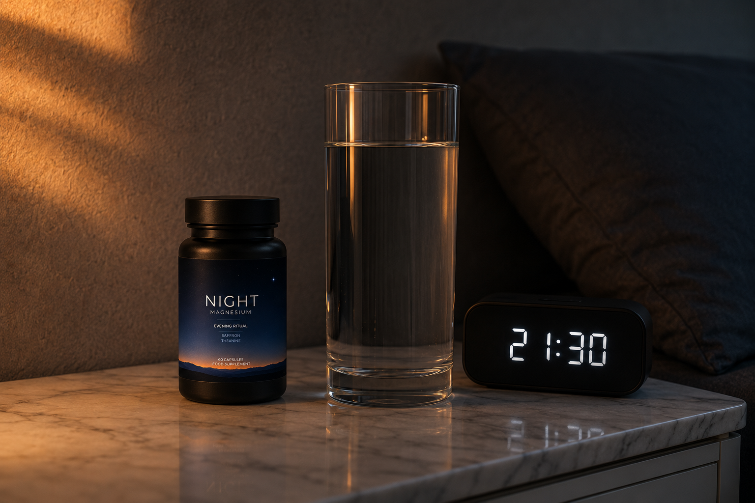 NIGHT bottle on a marble bedside table with a glass of water and a clock showing 21:30.